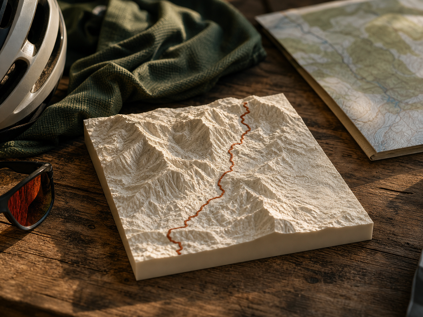 A TerrainSculpt terrain print beside cycling gear