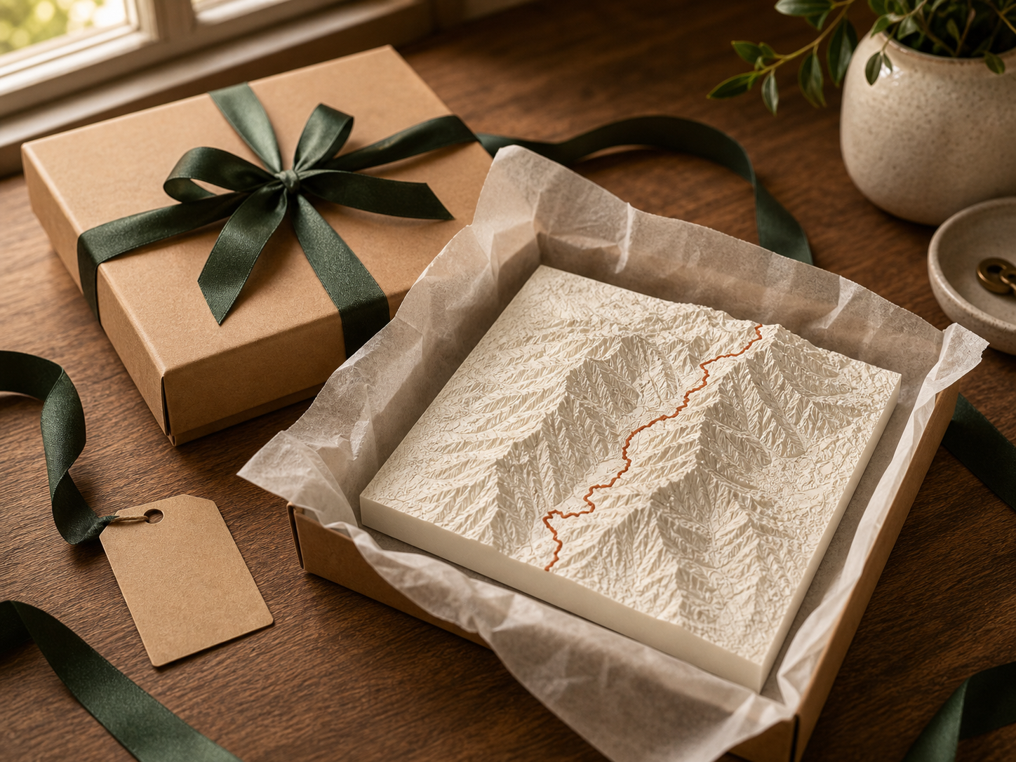 A TerrainSculpt terrain print packaged as a gift