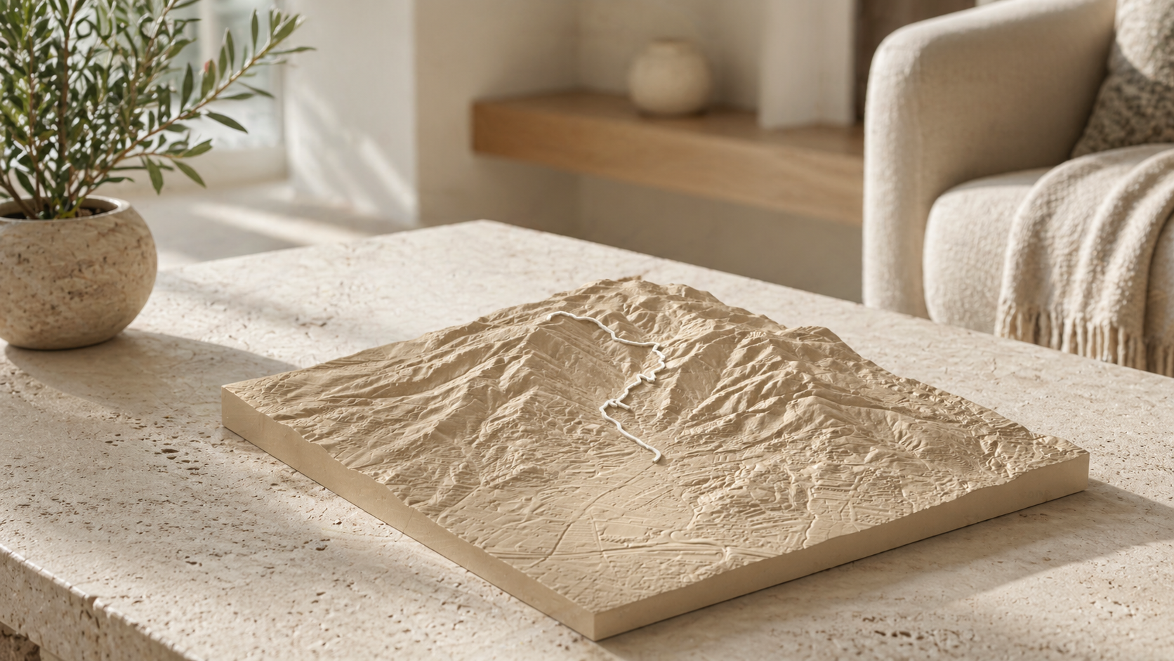 A physical TerrainSculpt 3D terrain print displayed in a warm interior